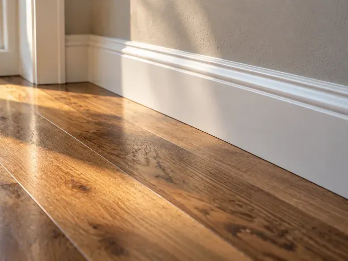 A close daylight detail of new hardwood planks meeting a baseboard with a tight straight joint, no people