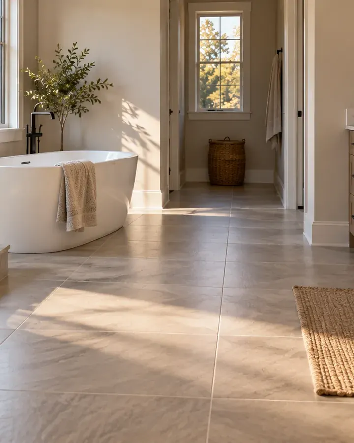 A bathroom with large porcelain tile and straight grout lines